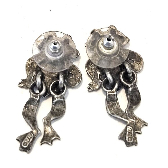 JJ Jonette Silver Pewter Articulated Frog Dangle Drop Earrings - Picture 2 of 3